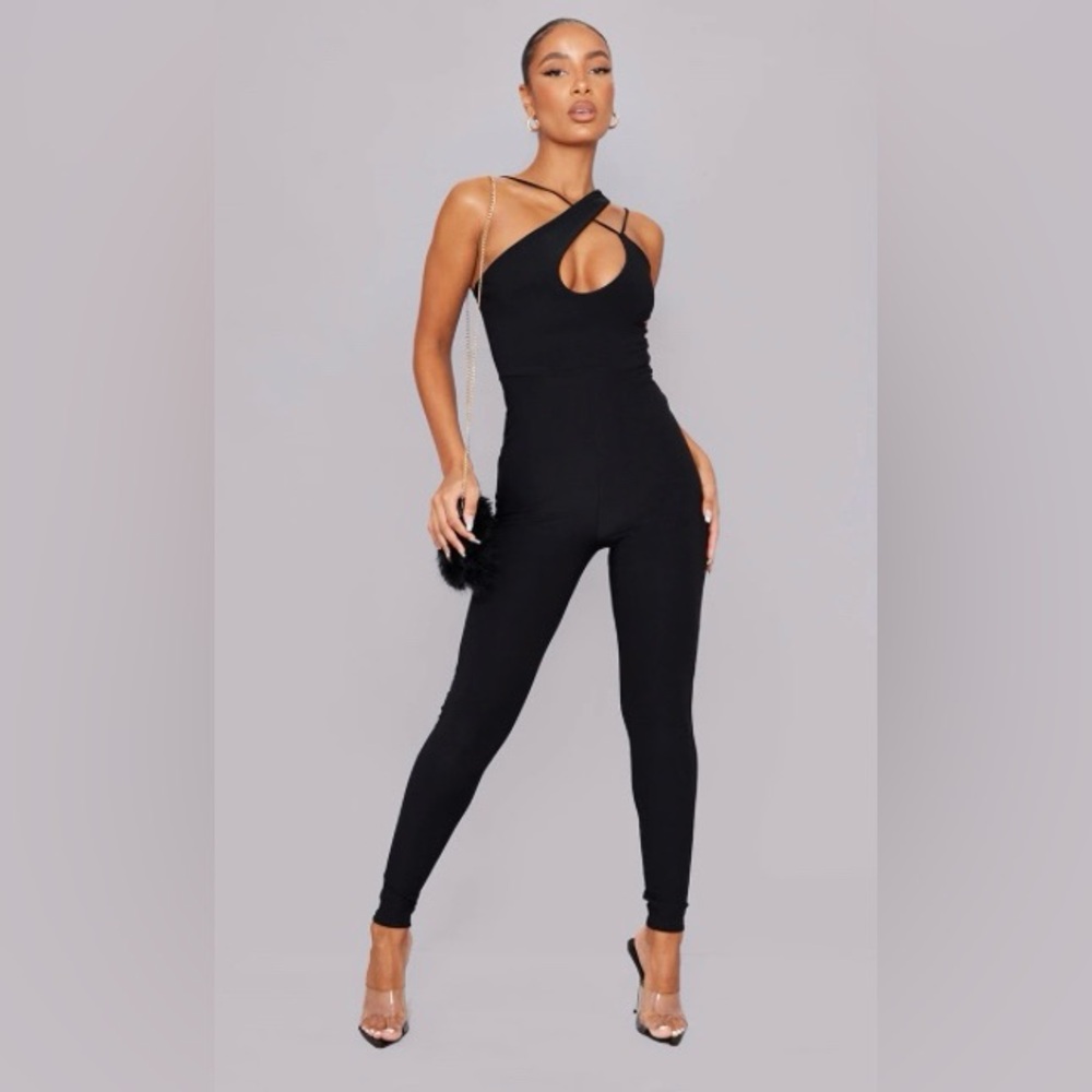Black Slinky Asymmetric Strap Jumpsuit